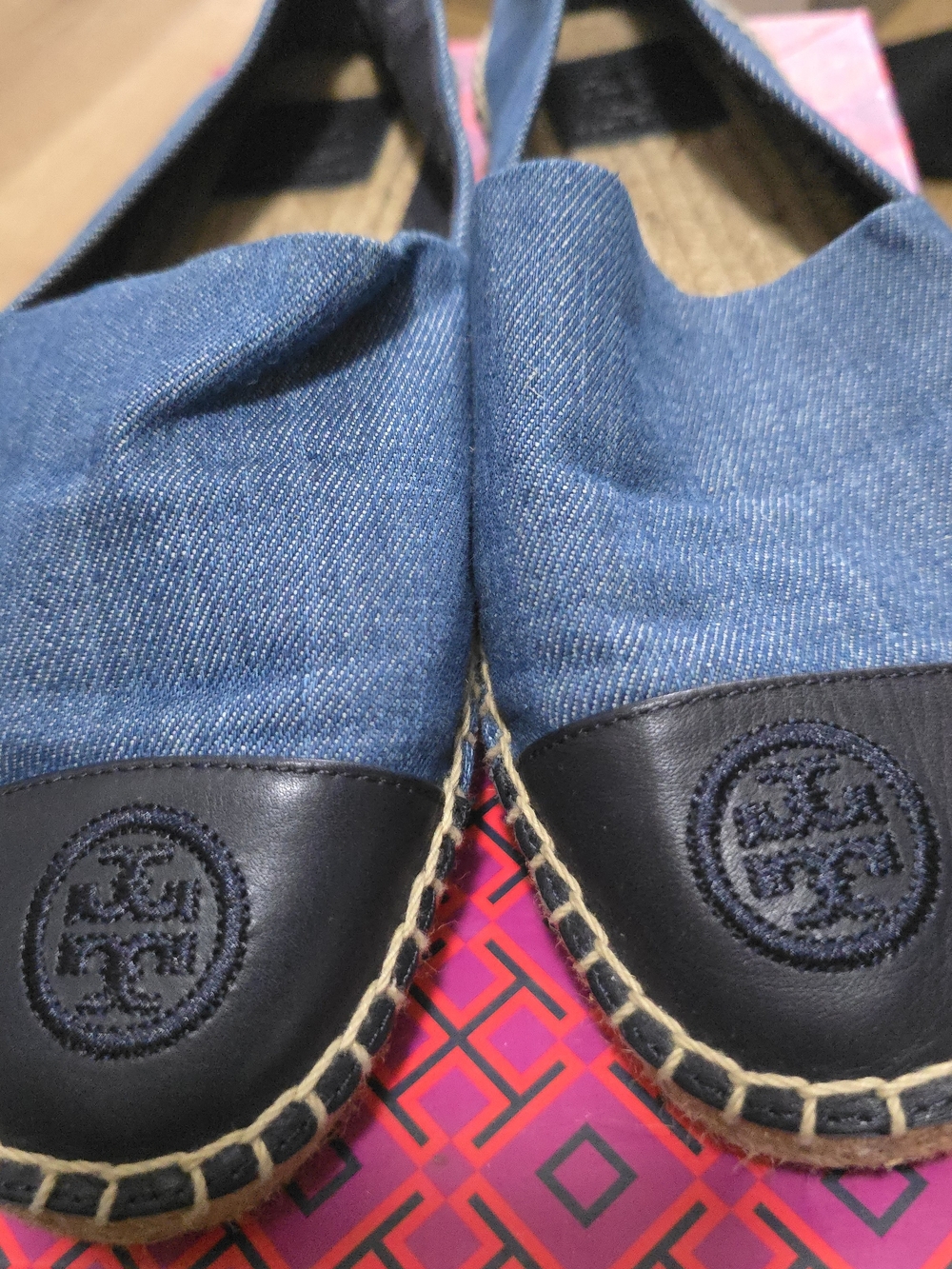 Tory Burch Denim and Black Leather Espadrille Flats